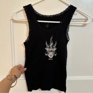 Black Graphic Lace Trim Tank Top